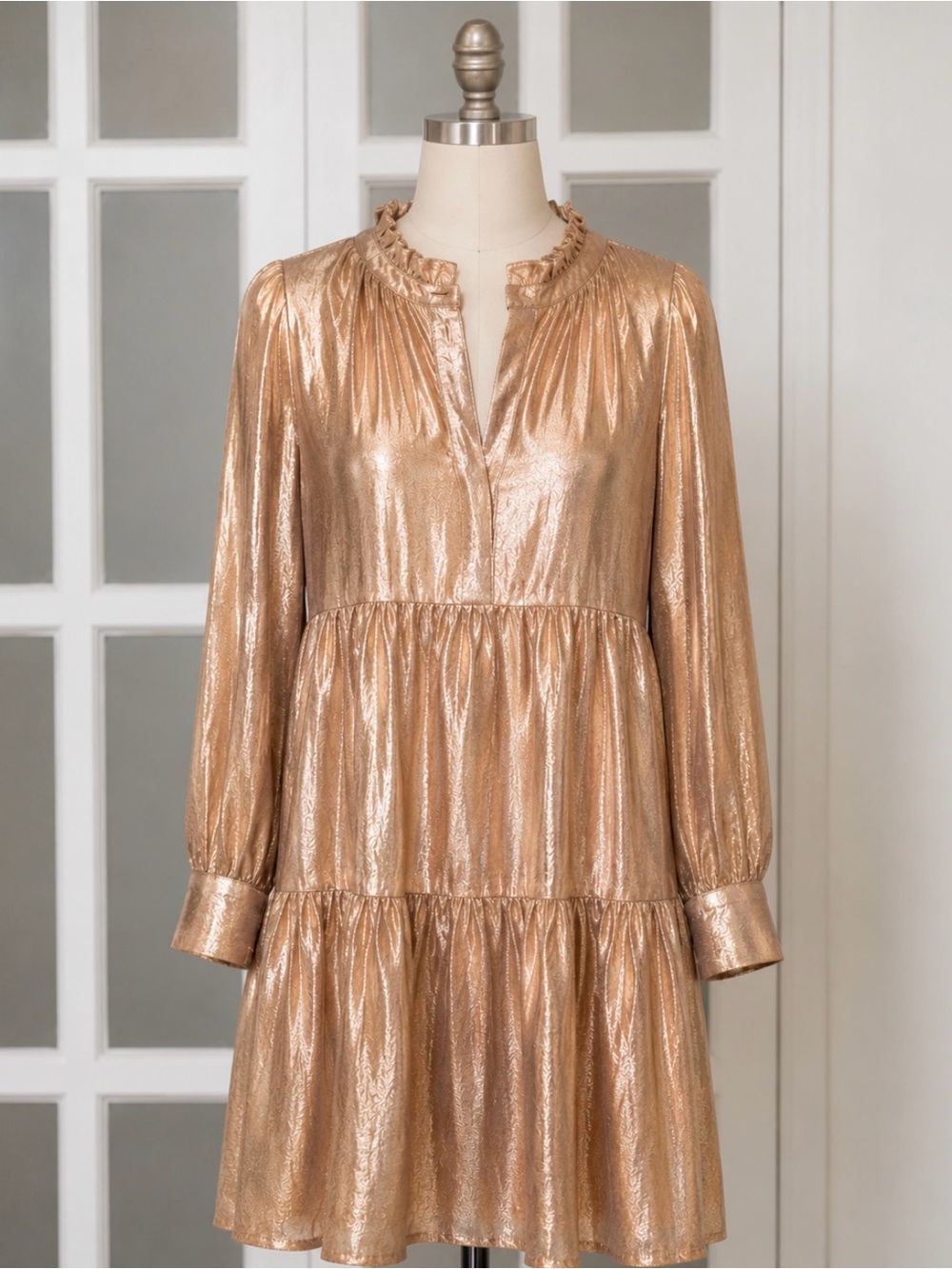 Marie Oliver Silk Lurex Gold Metallic Tiered Dress Long Sleeve Small